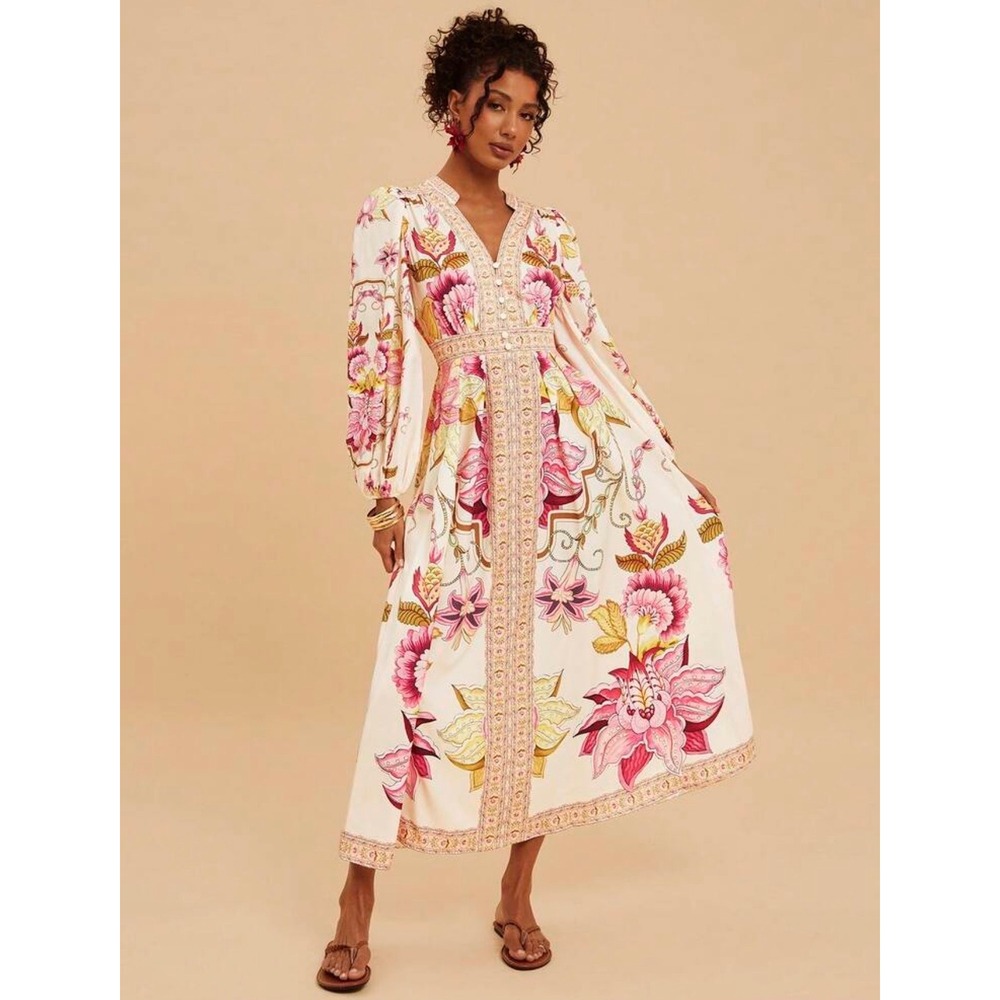 Garden Splendor Dress Cream Floral Print Balloon Sleeve Maxi‎ Dress Large